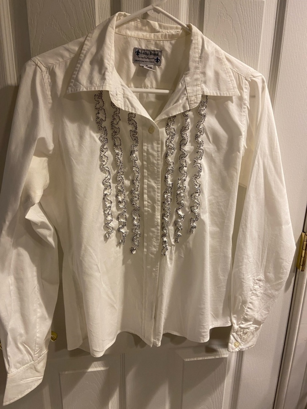 Lucky Brand White Cotton Blouse with Black Trimmed Ruffles M EUC Vintage